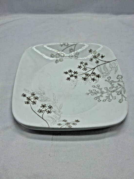 Corelle Other - Corelle Shadow Dance Square LUNCHEON Plates 9" - White Brown Flower -Vitrelle